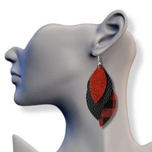RED Plaid Printed Leaf Multi-Layered Leather Dangle Earrings